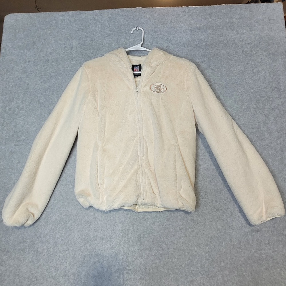 NFL Team Apparel San Francisco 49ers Women Cream Faux Fur Hooded Jacket Large